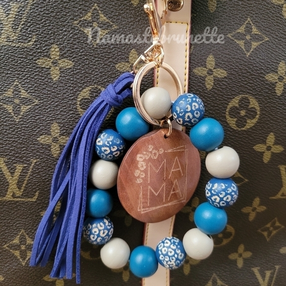 Wooden Beaded Mama Keychain Bag Charm With Blue Tassel - Picture 9 of 12